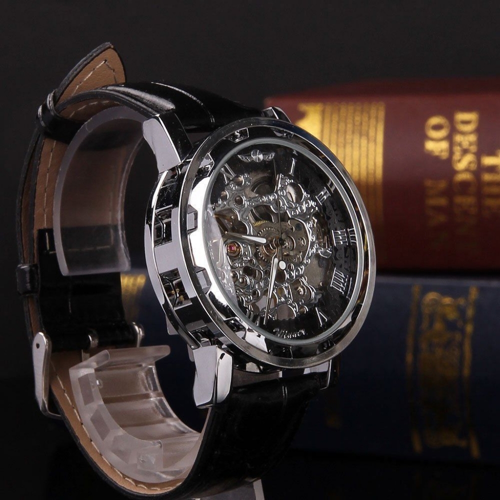 Silver Skeleton Automatic Men's Watch with Black Leather Strap